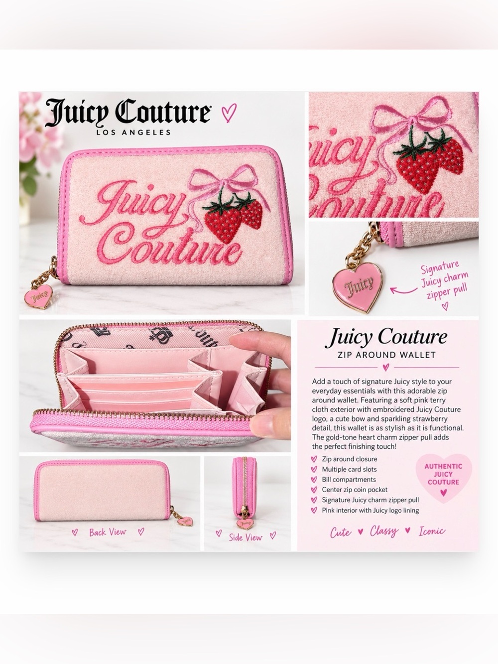 *N.W.O.T.* Juicy Couture Zip Around Wallet Pink Terry Cloth Strawberry Bow